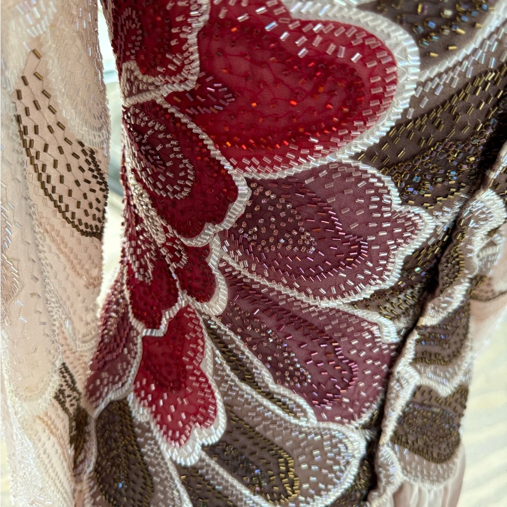 Vintage Hanae Mori Hand Beaded Long Sleeve Floral Dress in Burgundy/ Brown - Picture 6 of 7